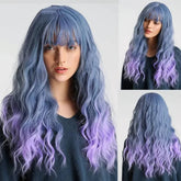 Long wavy synthetic cosplay wig with ombre blue to purple color and straight bangs